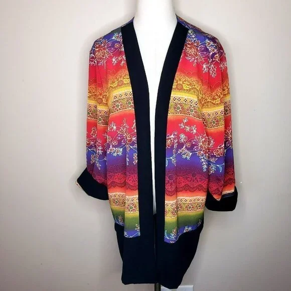 Vtg Colorful Open Cardigan Flowy Duster  3/4 Sleeve Rainbow Maximalism Dopamine - Picture 11 of 11